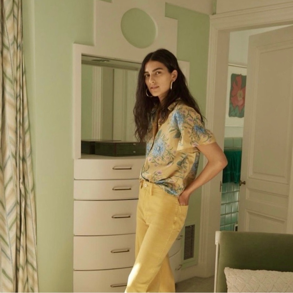 MADEWELL | RUFFLE SLEEVE BUTTON DOWN SHIRT PAINTED BLOOMS VAN GREEK GOLD MEDIUM